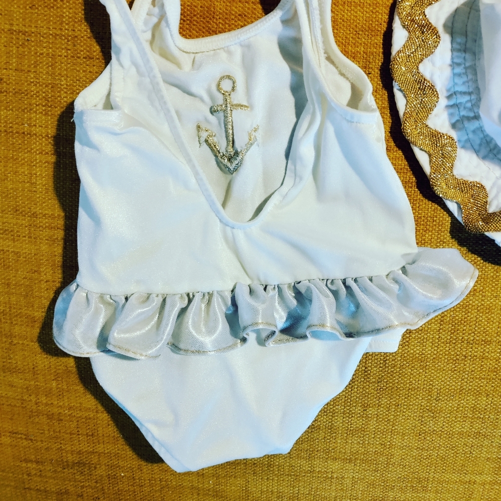 SOLD Vintage 90s White Baby Swimsuit and Hat Set with Gold Anchor - Picture 3 of 7